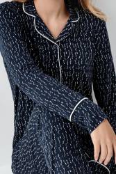 Kadın Lacivert Gömlek Yakalı Pijama Takım, Alt Pijama Cepli ve desenli, %50 Pamuk %50 modal - Thumbnail
