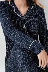 Kadın Lacivert Gömlek Yakalı Pijama Takım, Alt Pijama Cepli ve desenli, %50 Pamuk %50 modal - 3