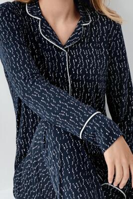 Kadın Lacivert Gömlek Yakalı Pijama Takım, Alt Pijama Cepli ve desenli, %50 Pamuk %50 modal - 3
