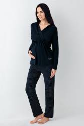 Kadın Lacivert Lohusa Pijama Takım, %50 pamuk %50 modal - Thumbnail