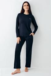 Kadın Lacivert Pijama Takım, Uzunkollu, Bisiklet Yakalı, Mevsimlik Pijama %50 pamuk %50 modal - Thumbnail