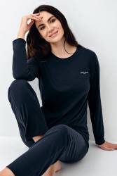 Kadın Lacivert Pijama Takım, Uzunkollu, Bisiklet Yakalı, Mevsimlik Pijama %50 pamuk %50 modal - Thumbnail