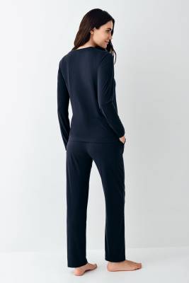 Kadın Lacivert Pijama Takım, Uzunkollu, Bisiklet Yakalı, Mevsimlik Pijama %50 pamuk %50 modal - 4