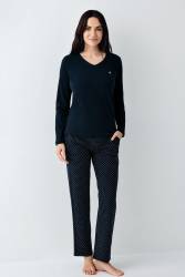 Kadın Lacivert Pijama Takım, V Yakalı, Büyük Bedenli, %50 pamuk %50 modal - Thumbnail