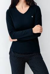 Kadın Lacivert Pijama Takım, V Yakalı, Büyük Bedenli, %50 pamuk %50 modal - Thumbnail