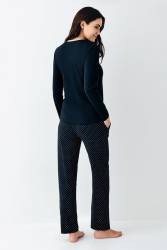 Kadın Lacivert Pijama Takım, V Yakalı, Büyük Bedenli, %50 pamuk %50 modal - Thumbnail