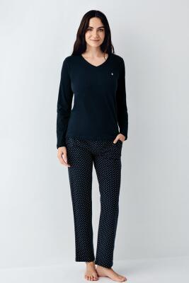 Kadın Lacivert Pijama Takım, V Yakalı, Büyük Bedenli, %50 pamuk %50 modal - 2