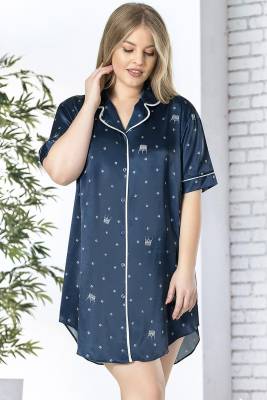 REN - Kadın Lacivert Saten Komple Düğmeli Büyük Beden Vienetta Gecelik, %100 Saten