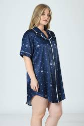 Kadın Lacivert Saten Komple Düğmeli Büyük Beden Vienetta Gecelik, %100 Saten - Thumbnail