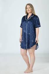 Kadın Lacivert Saten Komple Düğmeli Büyük Beden Vienetta Gecelik, %100 Saten - Thumbnail
