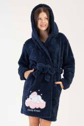 Kadın Lacivert Süper Yumuşak Vienetta Welwelsoft Kapsonlu Uzun Kol Kısa Sabahlık - Thumbnail