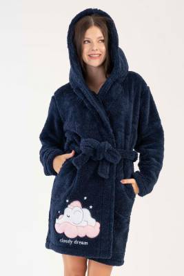 REN - Kadın Lacivert Süper Yumuşak Vienetta Welwelsoft Kapsonlu Uzun Kol Kısa Sabahlık