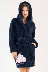 Kadın Lacivert Süper Yumuşak Vienetta Welwelsoft Kapsonlu Uzun Kol Kısa Sabahlık - Thumbnail