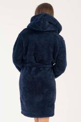 Kadın Lacivert Süper Yumuşak Vienetta Welwelsoft Kapsonlu Uzun Kol Kısa Sabahlık - Thumbnail