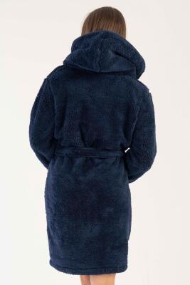 Kadın Lacivert Süper Yumuşak Vienetta Welwelsoft Kapsonlu Uzun Kol Kısa Sabahlık - 4