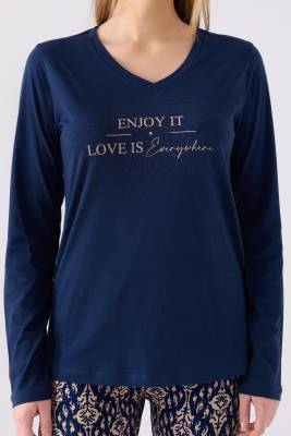 Kadın Lacivert V Yaka Uzunkol Dar Paça Cepli Pijama Takım, Viskon Dokuma - 3