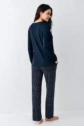 Kadın Lacivert Yakası Düğmeli Pijama Takım, Alt Pijama Cepli ve desenli, %50 Pamuk %50 modal - Thumbnail
