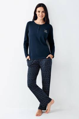 Arnetta - Kadın Lacivert Yakası Düğmeli Pijama Takım, Alt Pijama Cepli ve desenli, %50 Pamuk %50 modal