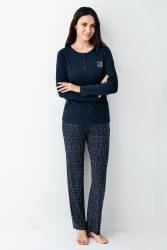Kadın Lacivert Yakası Düğmeli Pijama Takım, Alt Pijama Cepli ve desenli, %50 Pamuk %50 modal - Thumbnail