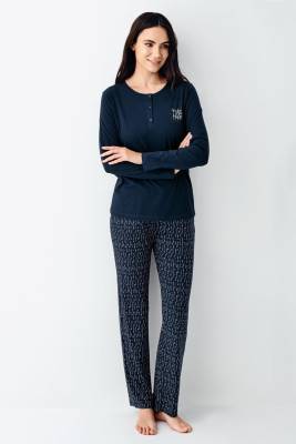 Arnetta - Kadın Lacivert Yakası Düğmeli Pijama Takım, Alt Pijama Cepli ve desenli, %50 Pamuk %50 modal (1)