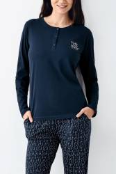 Kadın Lacivert Yakası Düğmeli Pijama Takım, Alt Pijama Cepli ve desenli, %50 Pamuk %50 modal - Thumbnail