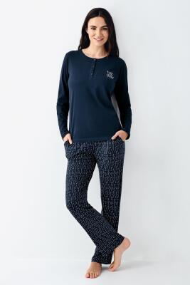 Kadın Lacivert Yakası Düğmeli Pijama Takım, Alt Pijama Cepli ve desenli, %50 Pamuk %50 modal - 1