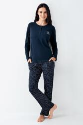 Kadın Lacivert Yakası Düğmeli Pijama Takım, Alt Pijama Cepli ve desenli, %50 Pamuk %50 modal