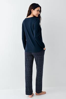 Kadın Lacivert Yakası Düğmeli Pijama Takım, Alt Pijama Cepli ve desenli, %50 Pamuk %50 modal - 4