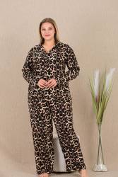 Kadın Leopar Desen Büyük Beden Düğmeli Pijama Takım, Belmando Dokuma Viskon kumaş - Thumbnail