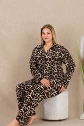 Kadın Leopar Desen Büyük Beden Düğmeli Pijama Takım, Belmando Dokuma Viskon kumaş - Thumbnail
