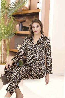 Kadın Leopar Desenli Saten Düğmeli Gömlek Pijama Takım - 1
