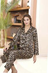Kadın Leopar Desenli Saten Düğmeli Gömlek Pijama Takım - 1
