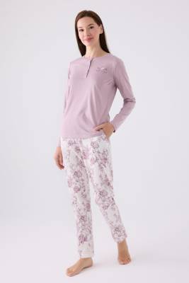 Arnetta - Kadın Lila Düğmeli Yaka Uzunkol Pijama Takım, Büyük Beden Kadın Pijama Takım