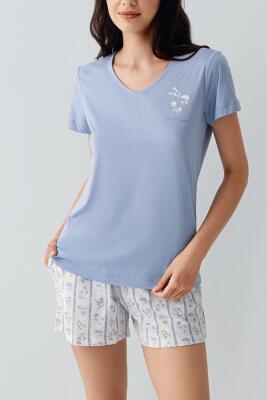 Kadın Mavi %50 Pamuk %50 Modal Şortlu Pijama Takımı – V Yaka, Yumuşak Dokulu, Yazlık Ev Giyimi - 3