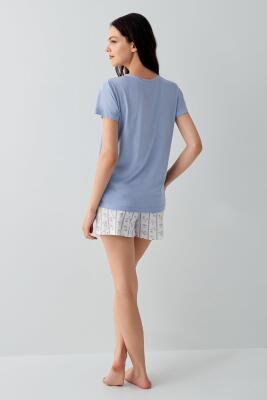 Kadın Mavi %50 Pamuk %50 Modal Şortlu Pijama Takımı – V Yaka, Yumuşak Dokulu, Yazlık Ev Giyimi - 4
