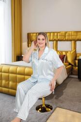 Kadın Mavi Çizgili Büyük Beden Kısakollu Saten Pijama Takım (1)