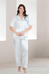 Kadın Mavi Çizgili Kısakol Saten Düğmeli Gömlek Pijama Takım