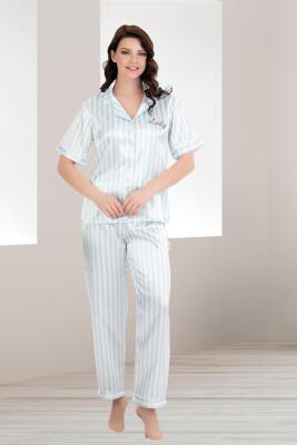 Kadın Mavi Çizgili Kısakol Saten Düğmeli Gömlek Pijama Takım - 1