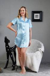 Kadın Mavi Saten Komple Düğmeli Vienetta Gecelik, %100 Saten - Thumbnail