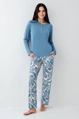 Pierre Cardin - Kadın Mevsimlik Turkuaz Pijama Takım, Modal ve Pamuk Kumaş (1)