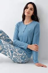 Kadın Mevsimlik Turkuaz Pijama Takım, Modal ve Pamuk Kumaş - Thumbnail