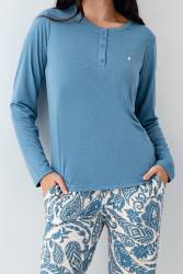 Kadın Mevsimlik Turkuaz Pijama Takım, Modal ve Pamuk Kumaş - Thumbnail