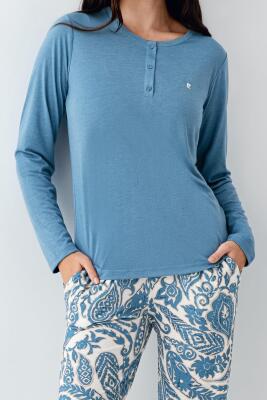 Kadın Mevsimlik Turkuaz Pijama Takım, Modal ve Pamuk Kumaş - 3