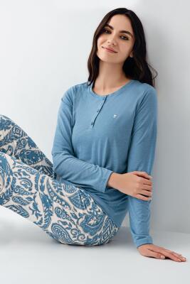 Kadın Mevsimlik Turkuaz Pijama Takım, Modal ve Pamuk Kumaş - 1