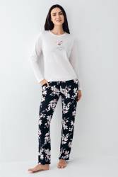 Kadın Mevsimlik Uzunkol Bisiklet Yaka Pijama Takım, %50 pamuk %50 modal - Thumbnail