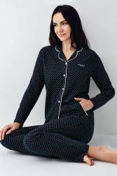 Kadın Mevsimlik Uzunkol Gömlek Yaka Lacivert Pijama Takım, %50 pamuk %50 modal - Thumbnail