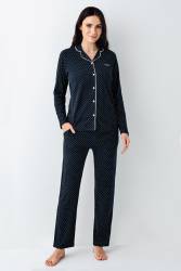 Kadın Mevsimlik Uzunkol Gömlek Yaka Lacivert Pijama Takım, %50 pamuk %50 modal - Thumbnail