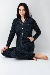 Kadın Mevsimlik Uzunkol Gömlek Yaka Lacivert Pijama Takım, %50 pamuk %50 modal - Thumbnail