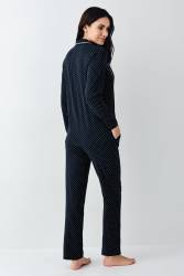 Kadın Mevsimlik Uzunkol Gömlek Yaka Lacivert Pijama Takım, %50 pamuk %50 modal - Thumbnail