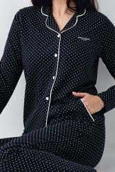 Kadın Mevsimlik Uzunkol Gömlek Yaka Lacivert Pijama Takım, %50 pamuk %50 modal - 4